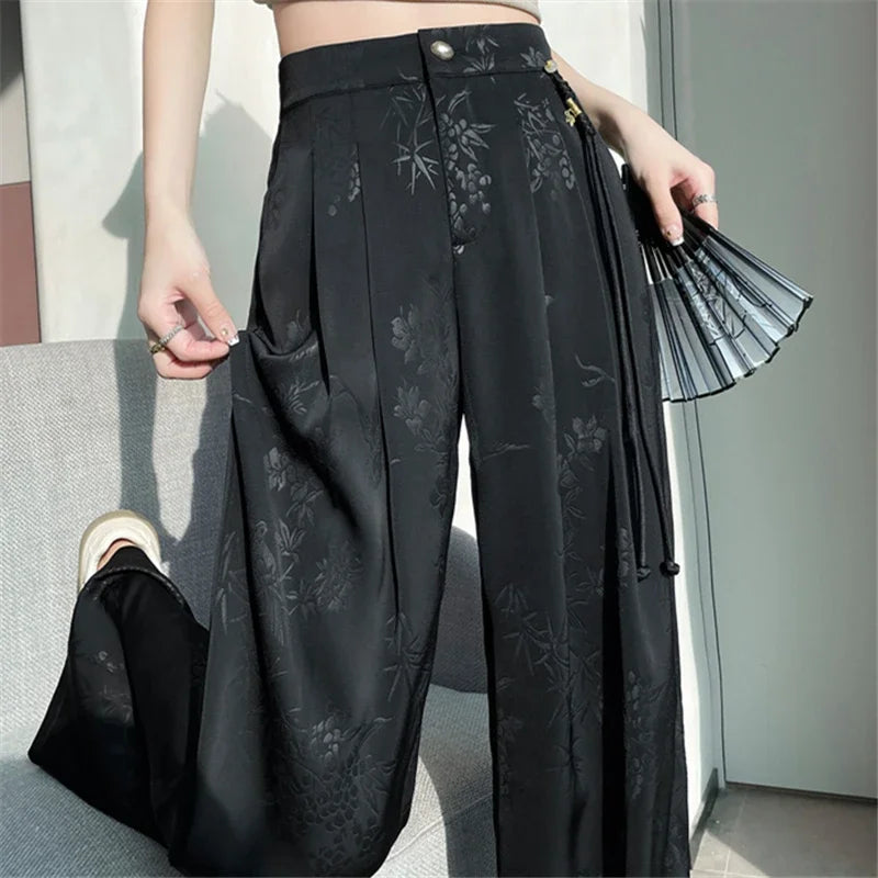 Chinese Style Jacquard Wide Leg Satin Pants – Women